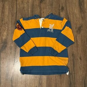 Boys yellow and blue striped rugby shirt large (10)